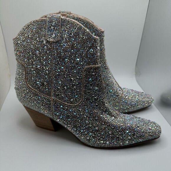 Silver Glitter Ankle Booties with Western Flair - Picture 1 of 7